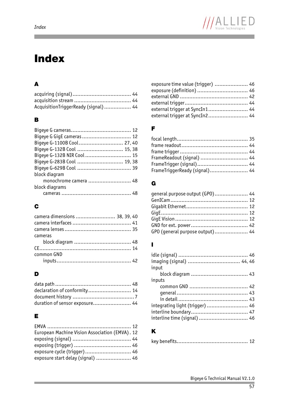 Index, Chapter | ALLIED Vision Technologies Bigeye G-1100 Cool User Manual | Page 57 / 58