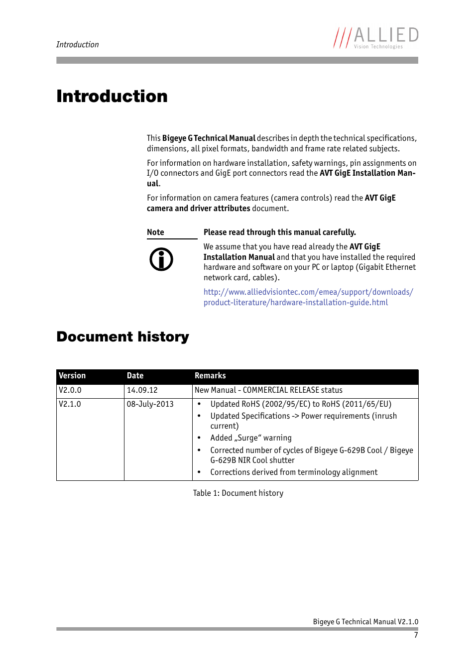 Introduction, Document history | ALLIED Vision Technologies Bigeye G-1100 Cool User Manual | Page 7 / 58