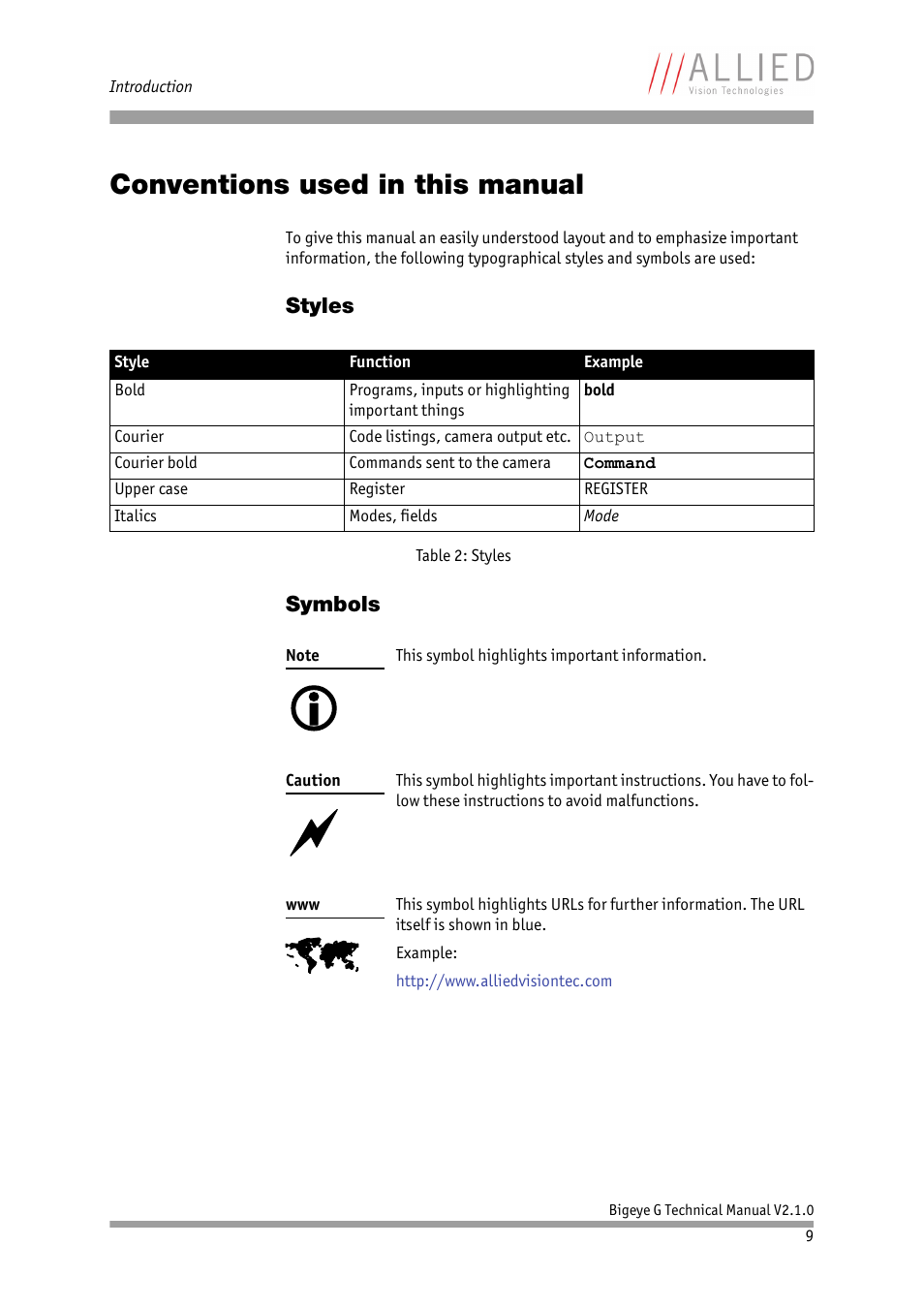 Conventions used in this manual, Styles, Symbols | Styles symbols | ALLIED Vision Technologies Bigeye G-1100 Cool User Manual | Page 9 / 58