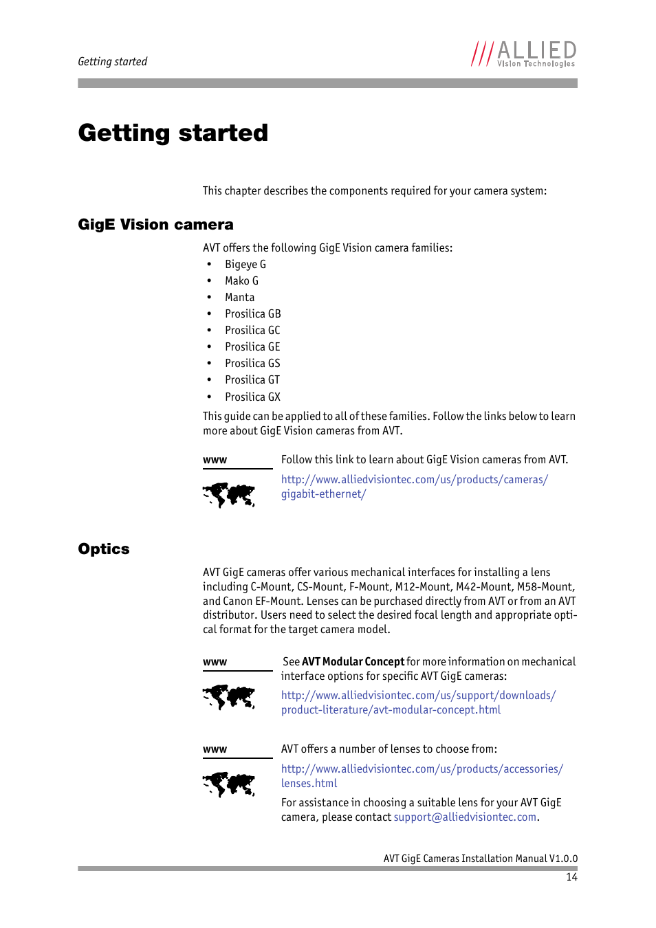 Getting started, Gige vision camera, Optics | Gige vision camera optics | ALLIED Vision Technologies Bigeye G-1100 Cool User Manual | Page 14 / 57