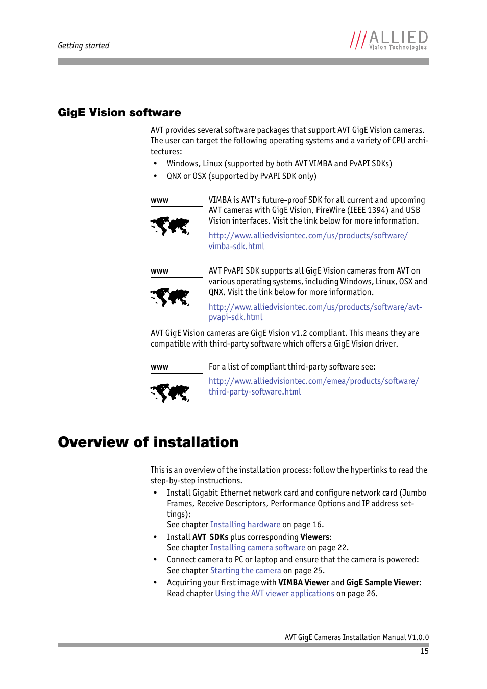 Gige vision software, Overview of installation | ALLIED Vision Technologies Bigeye G-1100 Cool User Manual | Page 15 / 57