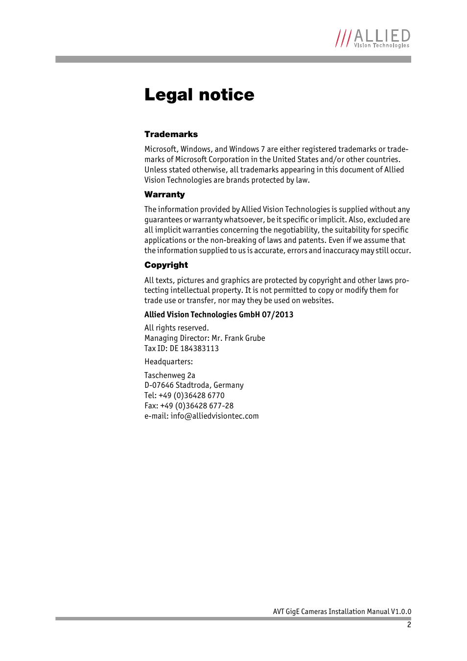 Legal notice | ALLIED Vision Technologies Bigeye G-1100 Cool User Manual | Page 2 / 57