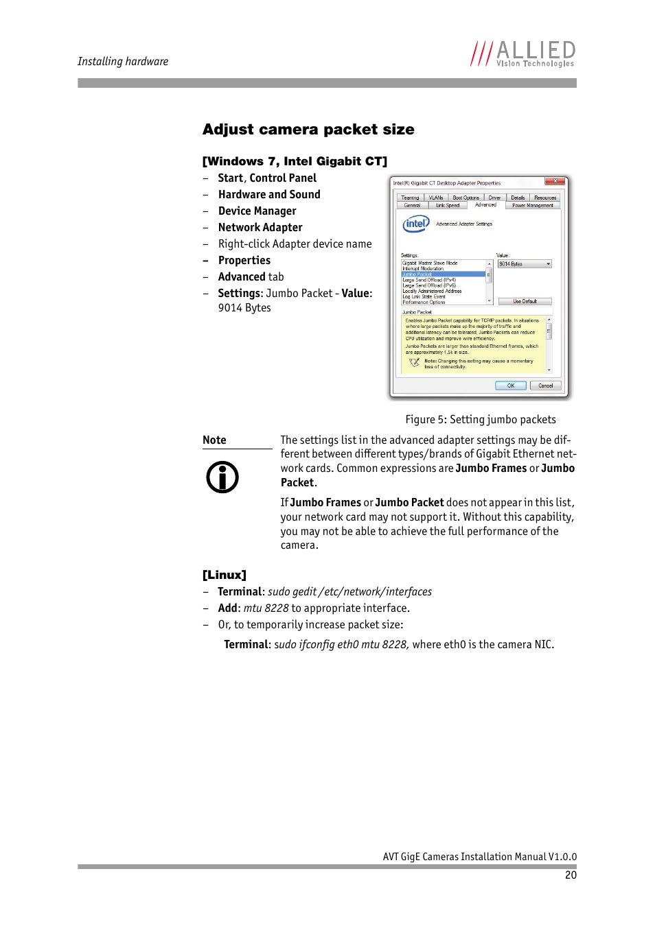 Adjust camera packet size, Windows 7, intel gigabit ct, Linux | ALLIED Vision Technologies Bigeye G-1100 Cool User Manual | Page 20 / 57