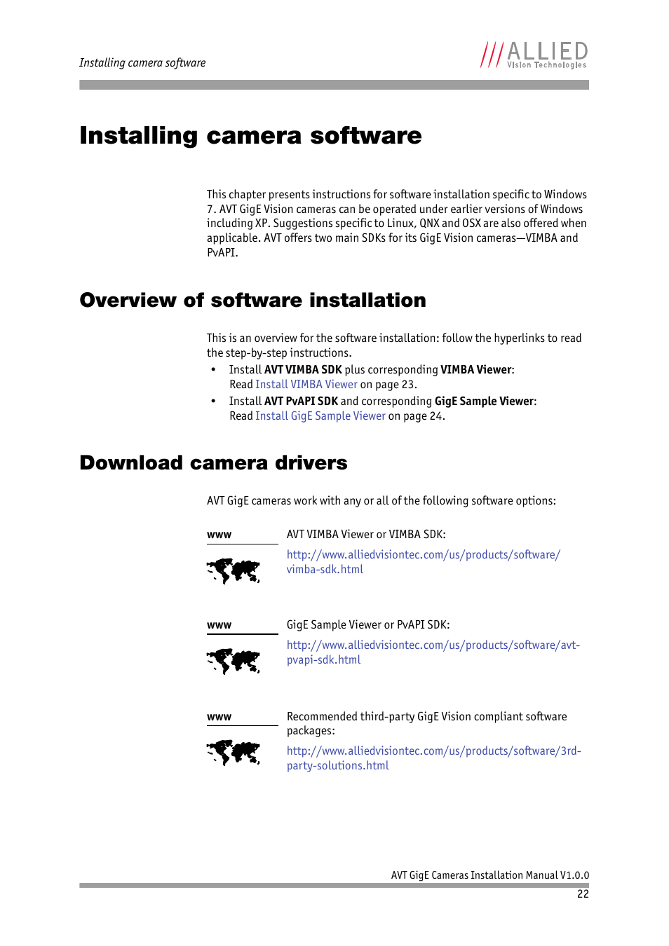 Installing camera software, Overview of software installation, Download camera drivers | See chapter | ALLIED Vision Technologies Bigeye G-1100 Cool User Manual | Page 22 / 57