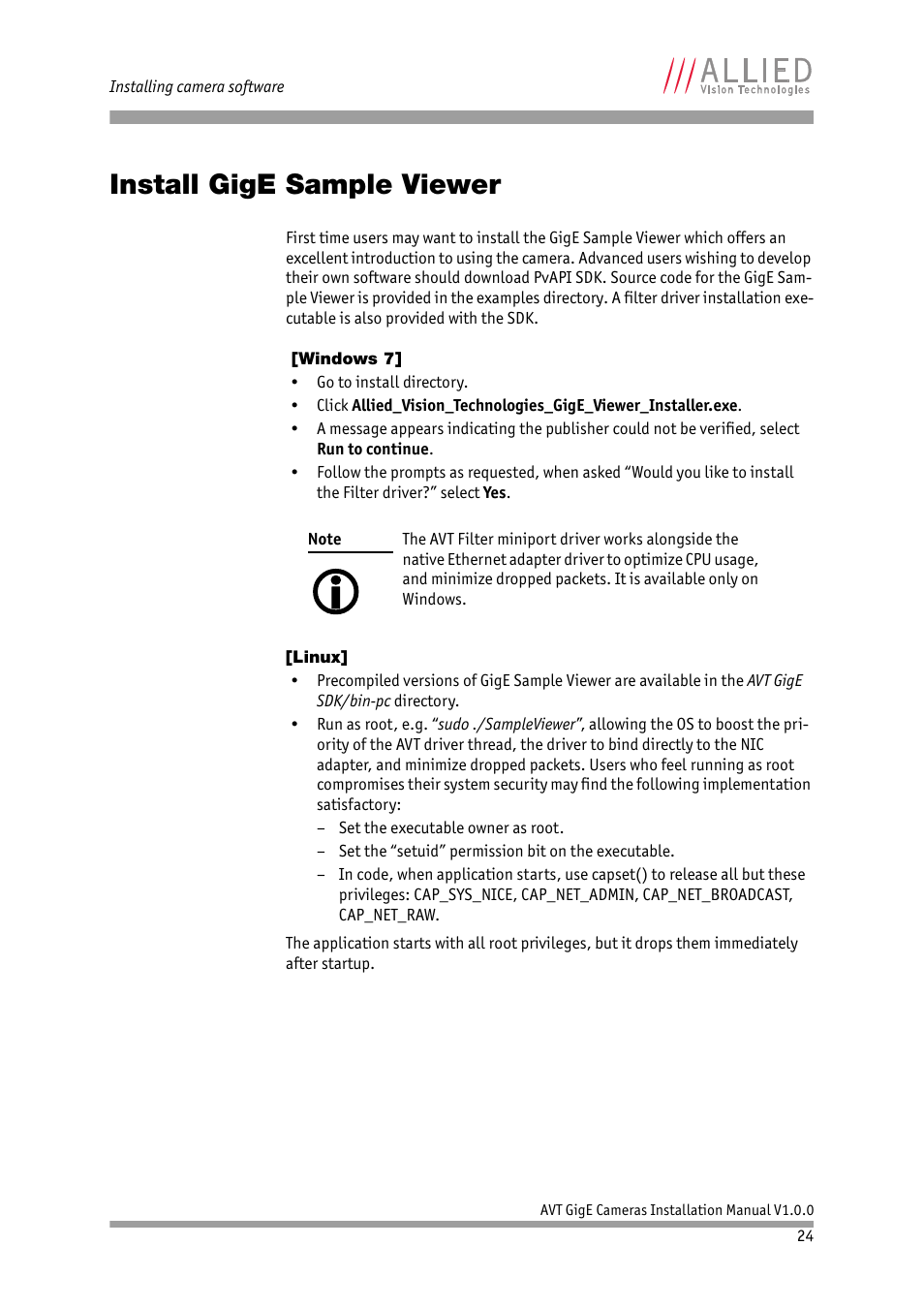 Install gige sample viewer, Windows 7, Linux | ALLIED Vision Technologies Bigeye G-1100 Cool User Manual | Page 24 / 57