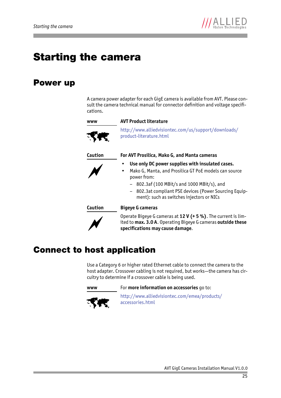 Starting the camera, Power up, Connect to host application | Power up connect to host application, See chapter | ALLIED Vision Technologies Bigeye G-1100 Cool User Manual | Page 25 / 57