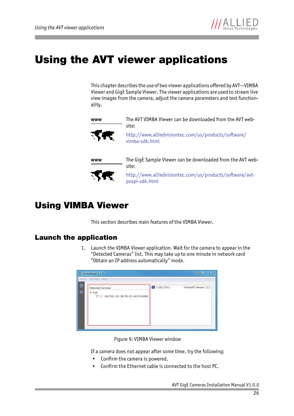 Using the avt viewer applications, Using vimba viewer, Launch the application | Ead chapter | ALLIED Vision Technologies Bigeye G-1100 Cool User Manual | Page 26 / 57