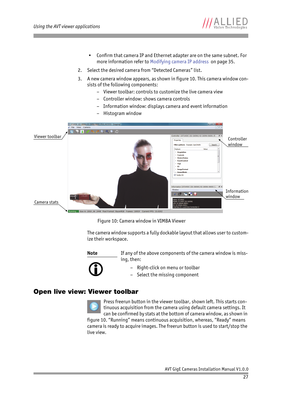 Open live view: viewer toolbar | ALLIED Vision Technologies Bigeye G-1100 Cool User Manual | Page 27 / 57