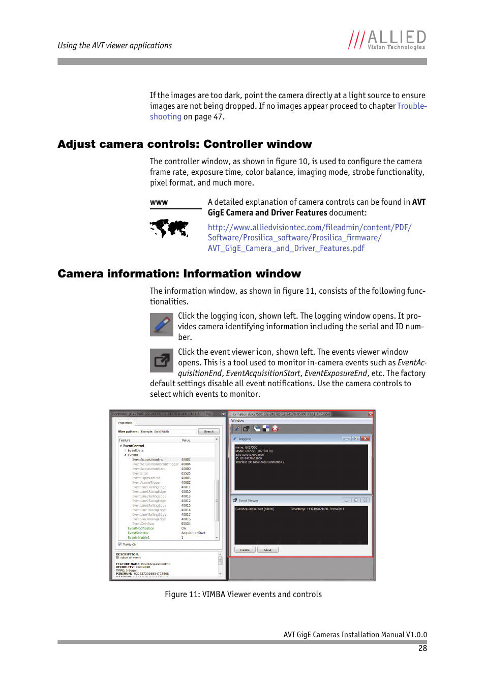 Adjust camera controls: controller window, Camera information: information window | ALLIED Vision Technologies Bigeye G-1100 Cool User Manual | Page 28 / 57