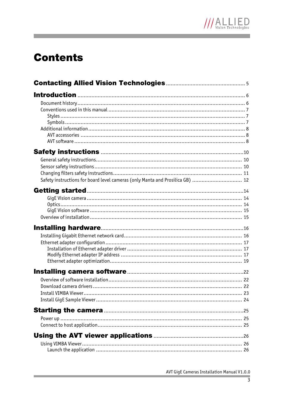 ALLIED Vision Technologies Bigeye G-1100 Cool User Manual | Page 3 / 57