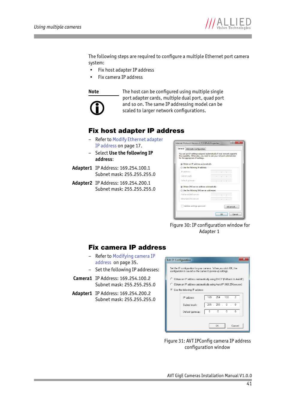 Fix host adapter ip address, Fix camera ip address | ALLIED Vision Technologies Bigeye G-1100 Cool User Manual | Page 41 / 57