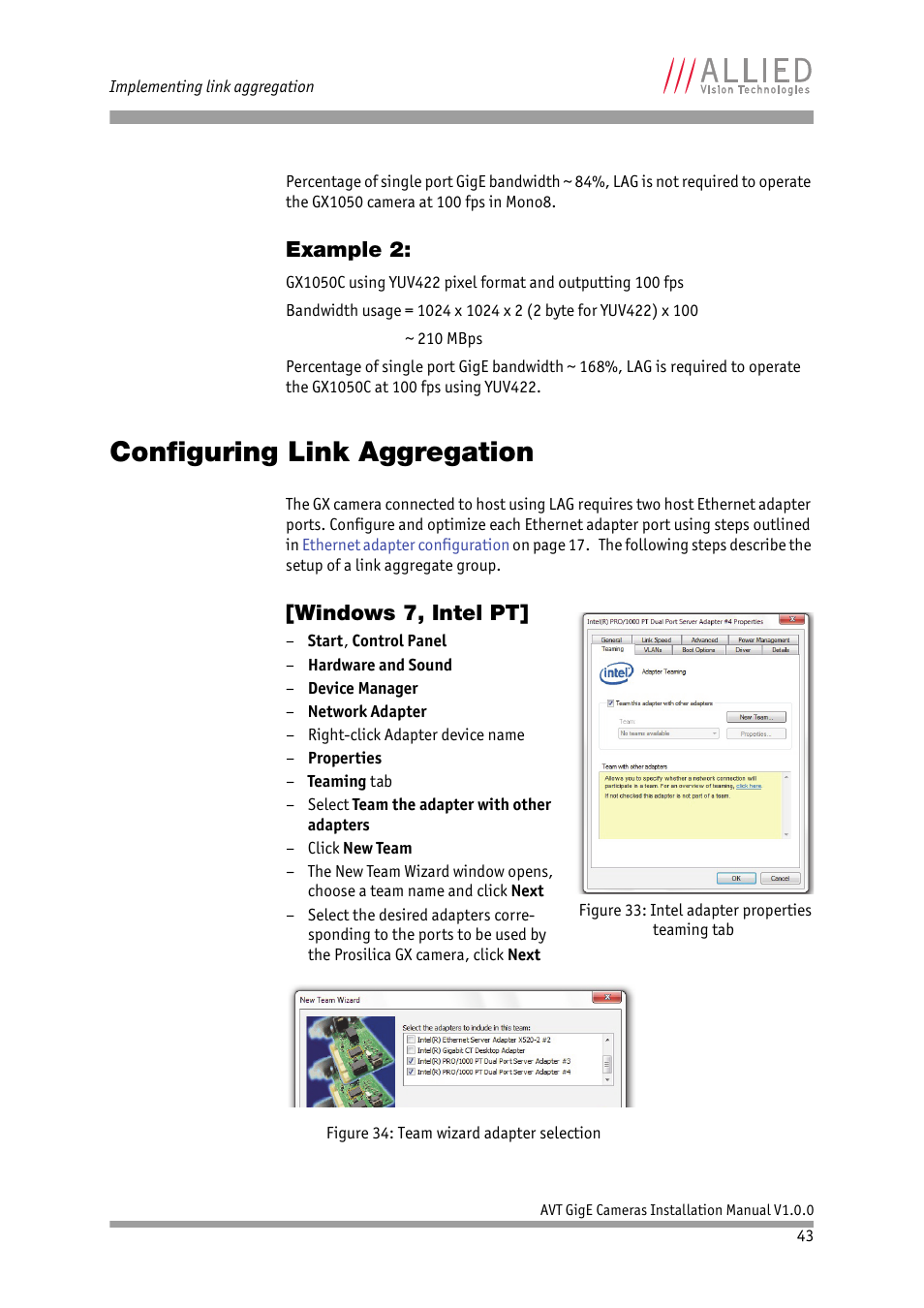 Example 2, Configuring link aggregation, Windows 7, intel pt | ALLIED Vision Technologies Bigeye G-1100 Cool User Manual | Page 43 / 57