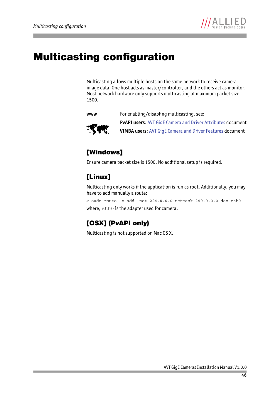 Multicasting configuration, Windows, Linux | Osx] (pvapi only) | ALLIED Vision Technologies Bigeye G-1100 Cool User Manual | Page 46 / 57