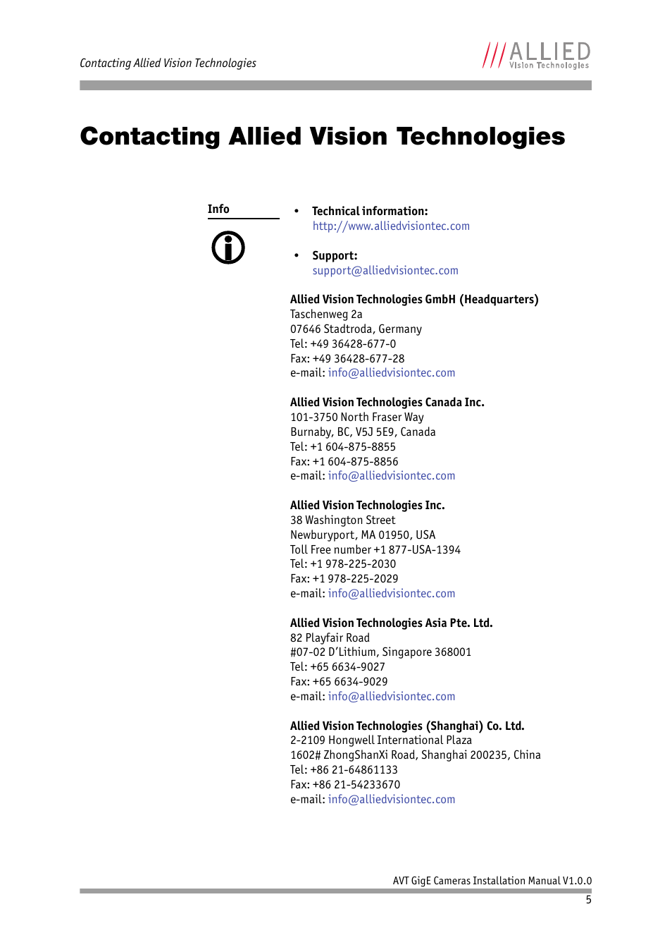 Contacting allied vision technologies | ALLIED Vision Technologies Bigeye G-1100 Cool User Manual | Page 5 / 57