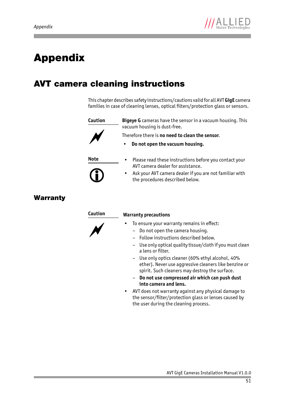 Appendix, Avt camera cleaning instructions, Warranty | ALLIED Vision Technologies Bigeye G-1100 Cool User Manual | Page 51 / 57