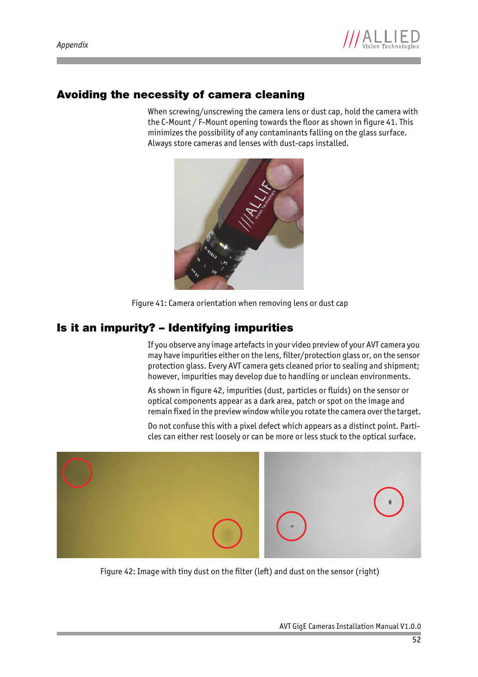 Avoiding the necessity of camera cleaning, Is it an impurity? – identifying impurities | ALLIED Vision Technologies Bigeye G-1100 Cool User Manual | Page 52 / 57