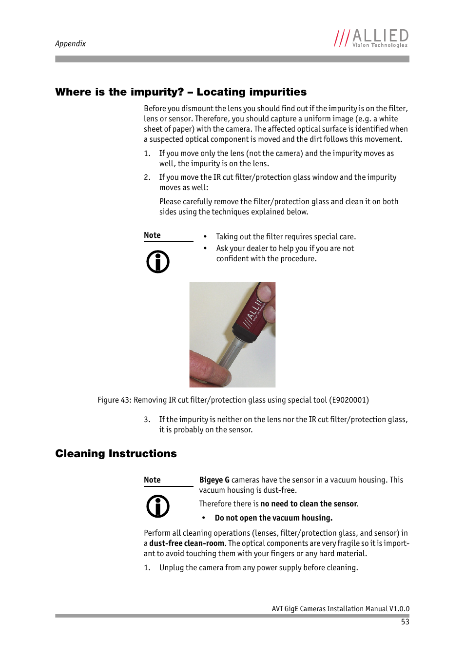 Where is the impurity? – locating impurities, Cleaning instructions | ALLIED Vision Technologies Bigeye G-1100 Cool User Manual | Page 53 / 57