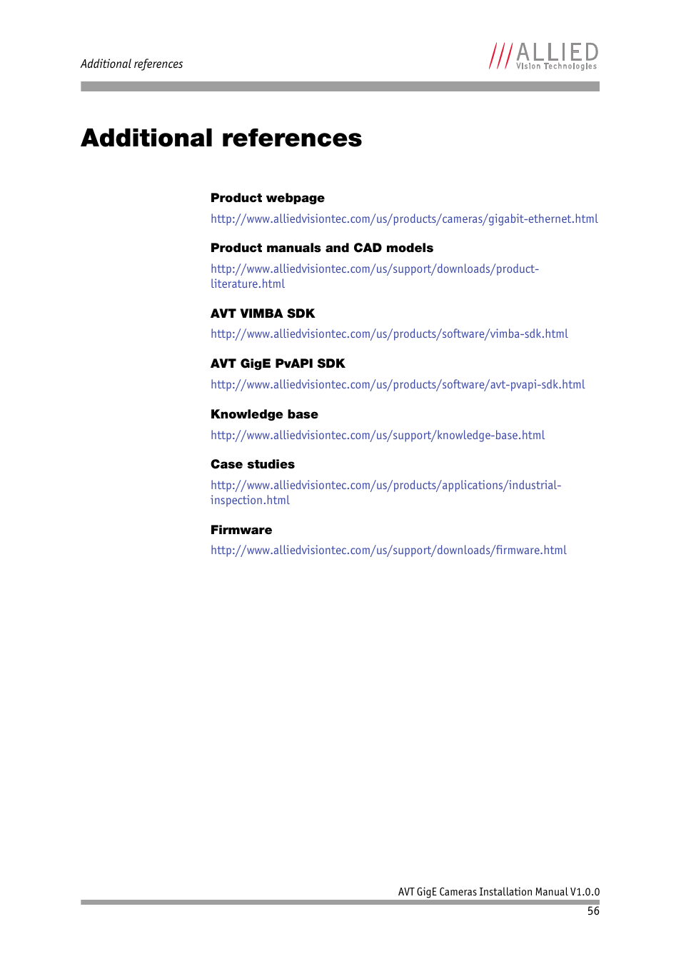 Additional references | ALLIED Vision Technologies Bigeye G-1100 Cool User Manual | Page 56 / 57