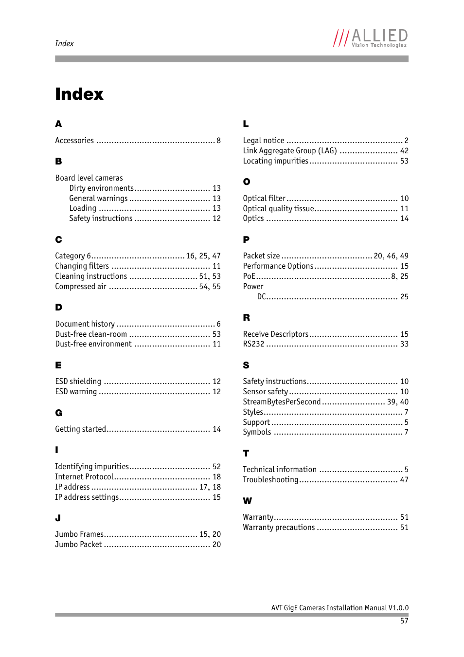 Index | ALLIED Vision Technologies Bigeye G-1100 Cool User Manual | Page 57 / 57