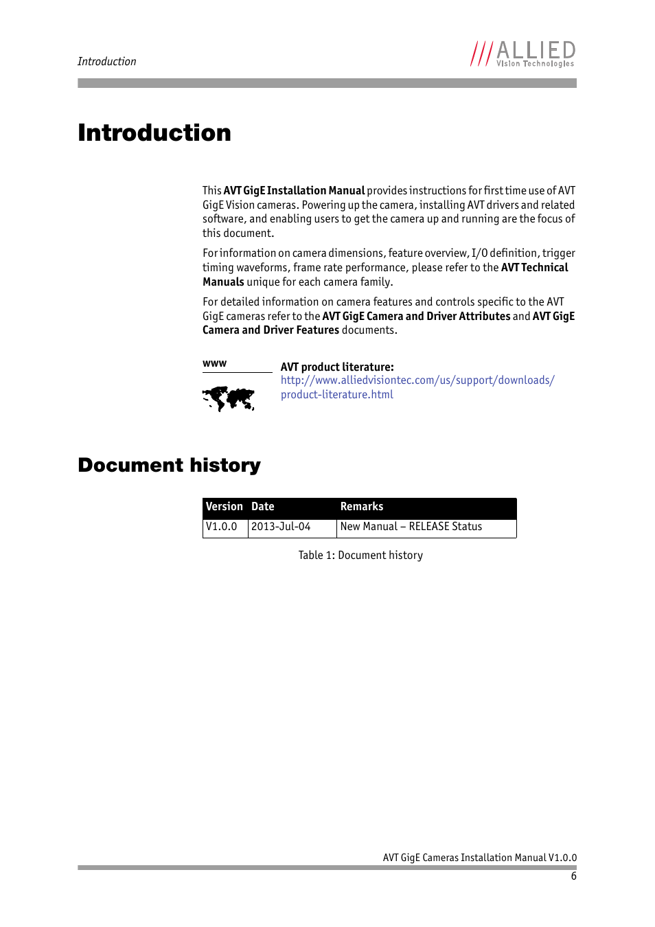 Introduction, Document history | ALLIED Vision Technologies Bigeye G-1100 Cool User Manual | Page 6 / 57