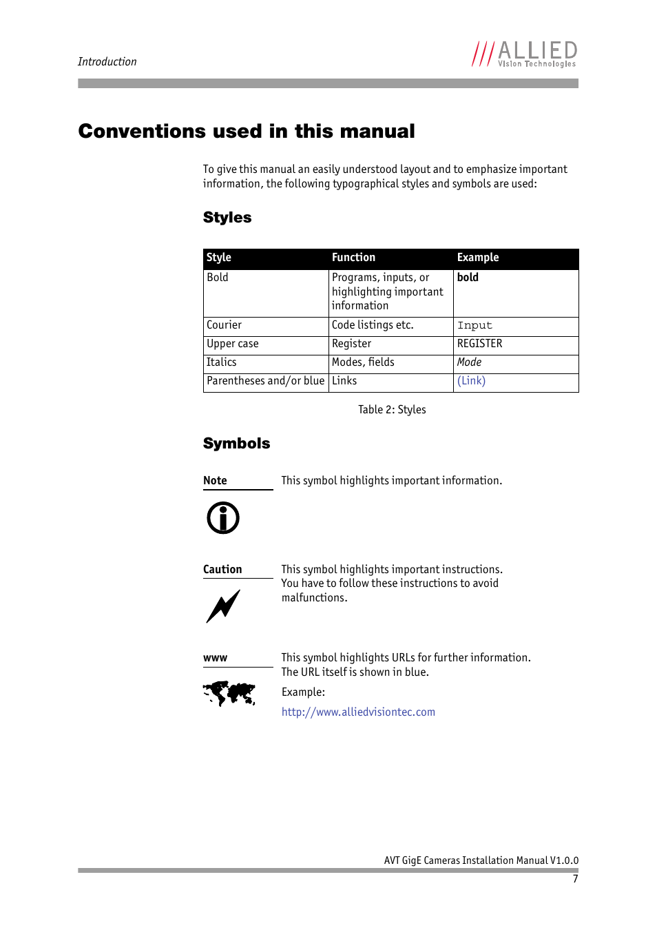 Conventions used in this manual, Styles, Symbols | Styles symbols | ALLIED Vision Technologies Bigeye G-1100 Cool User Manual | Page 7 / 57