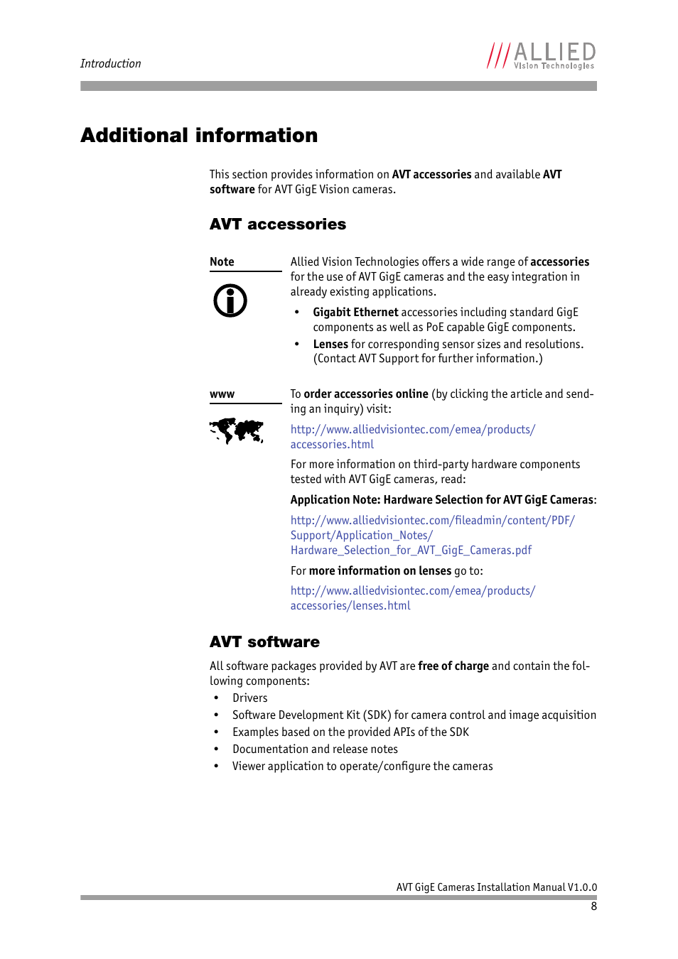 Additional information, Avt accessories, Avt software | Avt accessories avt software | ALLIED Vision Technologies Bigeye G-1100 Cool User Manual | Page 8 / 57