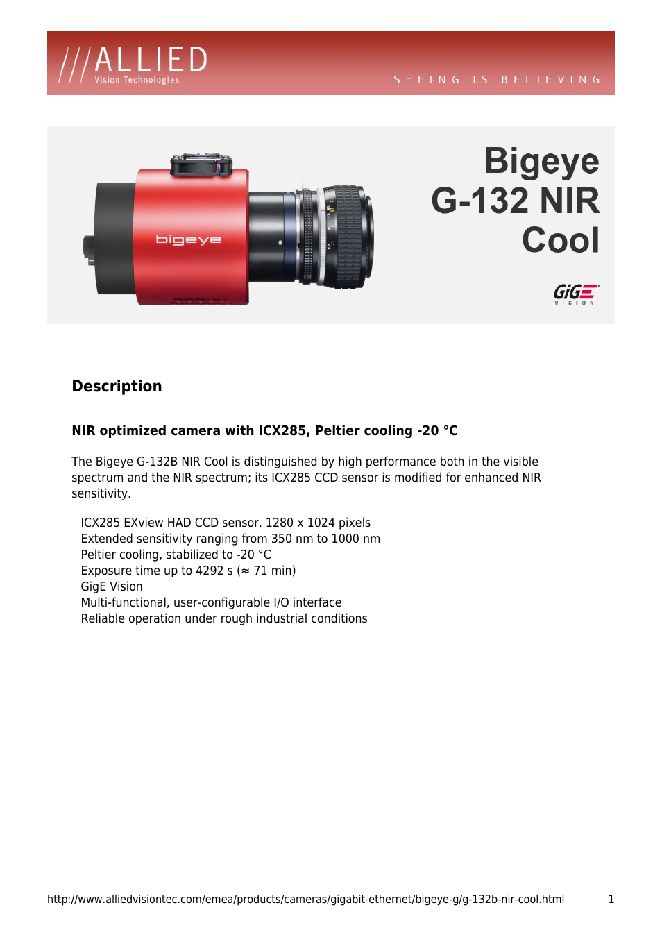 ALLIED Vision Technologies Bigeye G-132 NIR User Manual | 4 pages