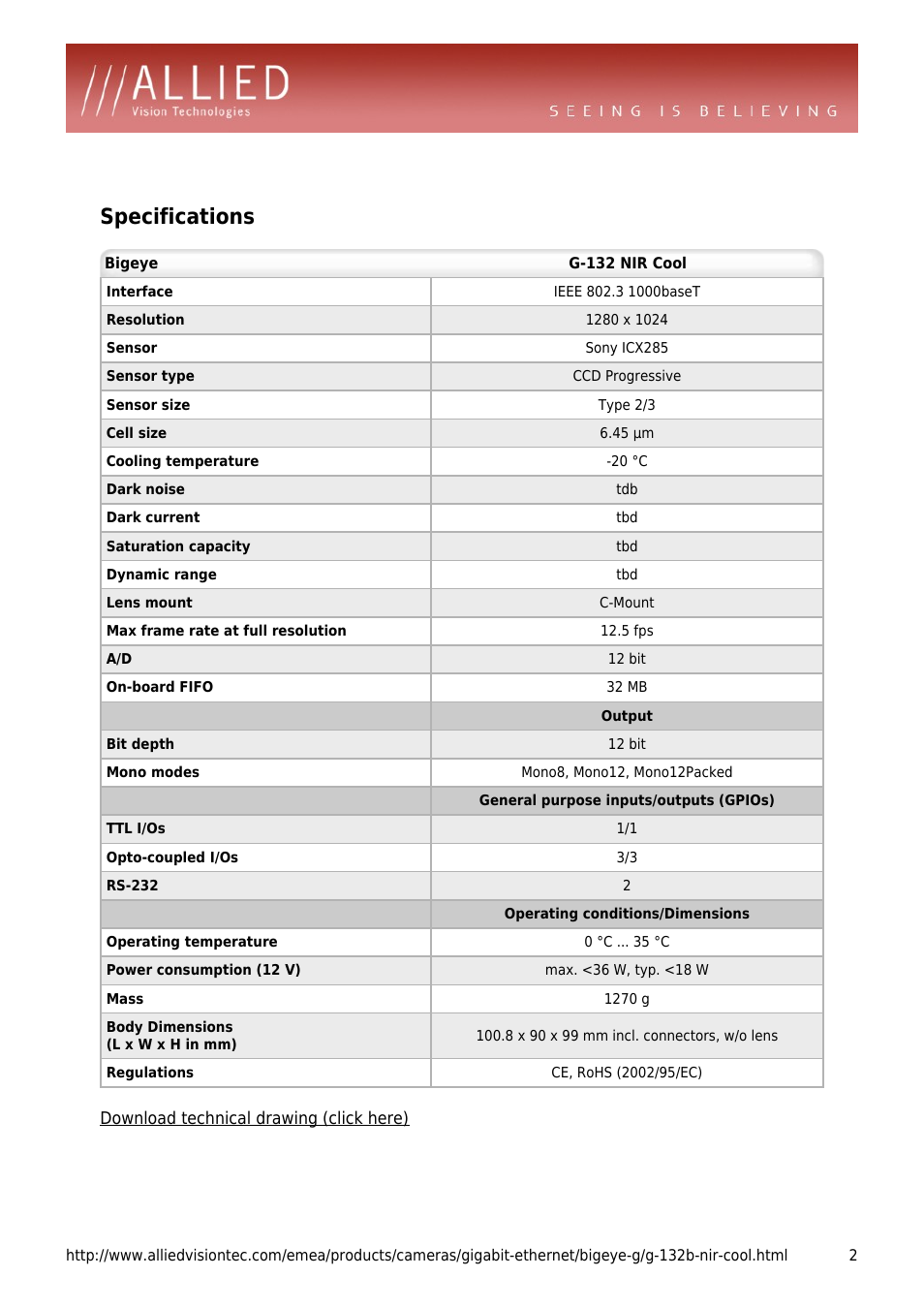 Specifications | ALLIED Vision Technologies Bigeye G-132 NIR User Manual | Page 2 / 4