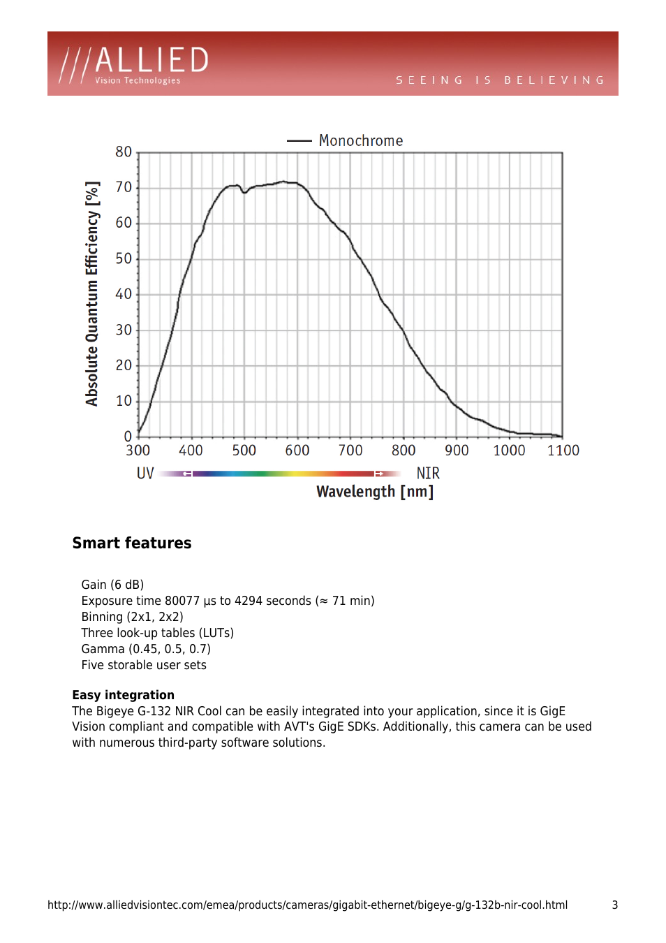 Smart features, Gain (6 db), Binning (2x1, 2x2) | Three look-up tables (luts), Five storable user sets | ALLIED Vision Technologies Bigeye G-132 NIR User Manual | Page 3 / 4