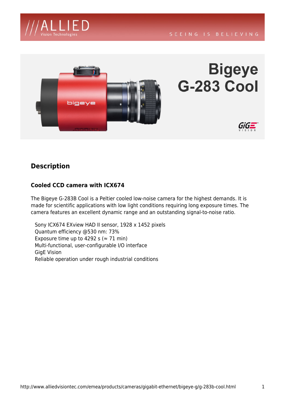 ALLIED Vision Technologies Bigeye G-283 User Manual | 4 pages