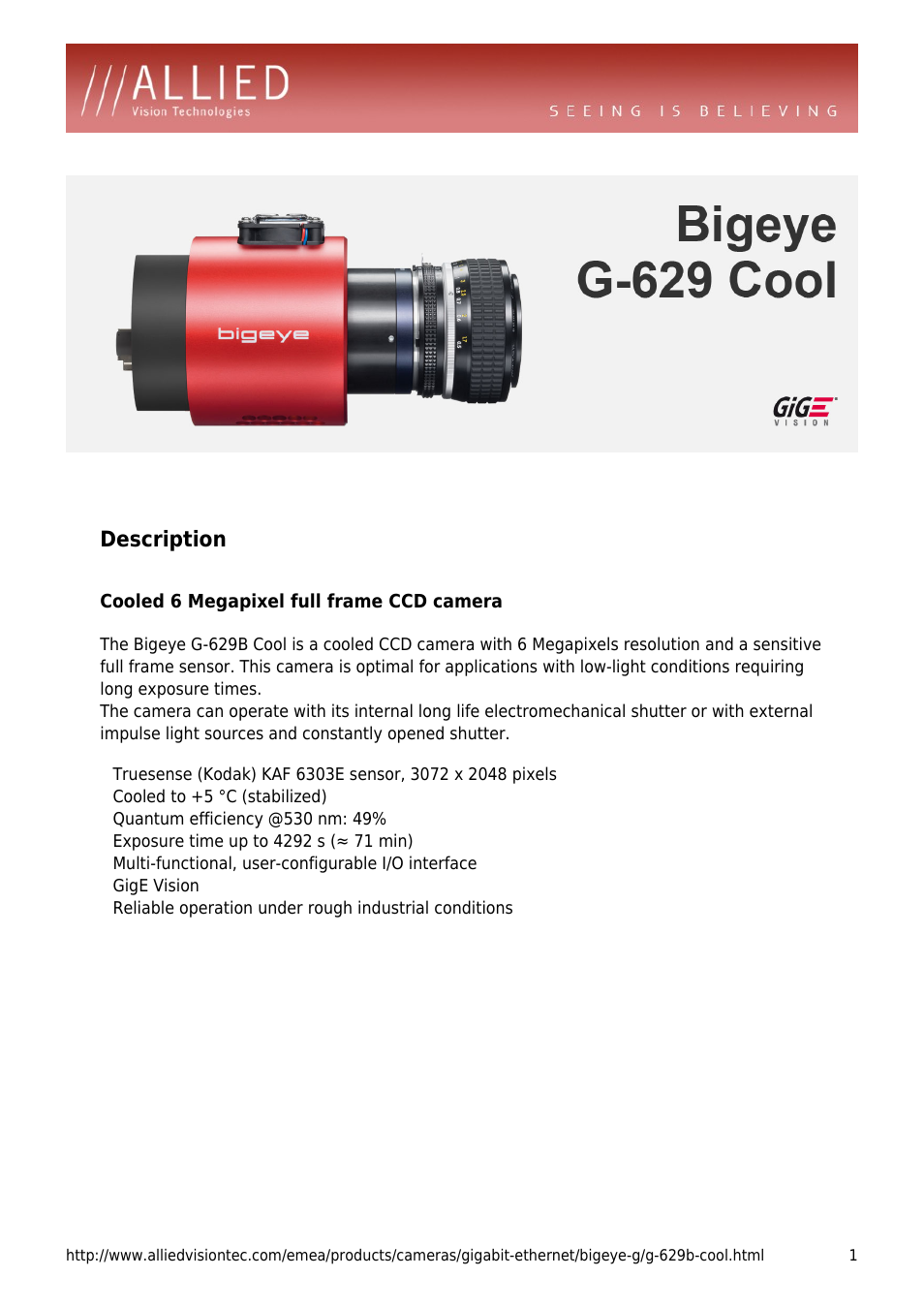 ALLIED Vision Technologies Bigeye G-629 Cool User Manual | 4 pages
