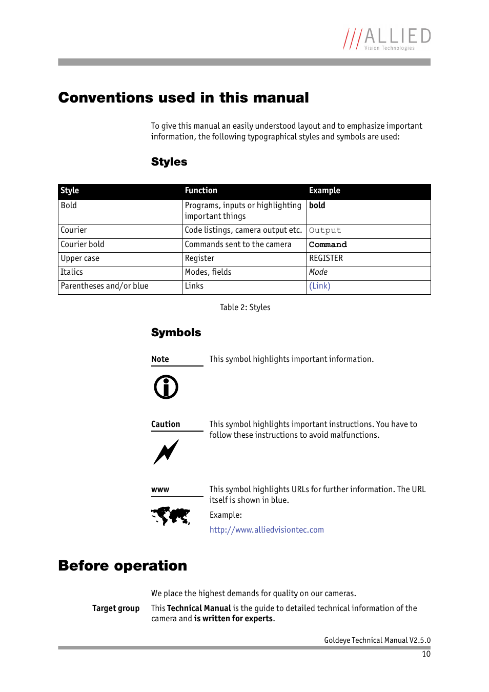 Conventions used in this manual, Styles, Symbols | Before operation, Styles symbols | ALLIED Vision Technologies Goldeye P-032 SWIR User Manual | Page 10 / 102