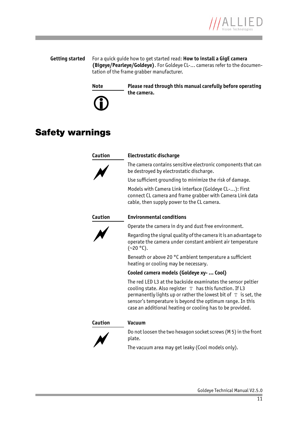 Safety warnings | ALLIED Vision Technologies Goldeye P-032 SWIR User Manual | Page 11 / 102