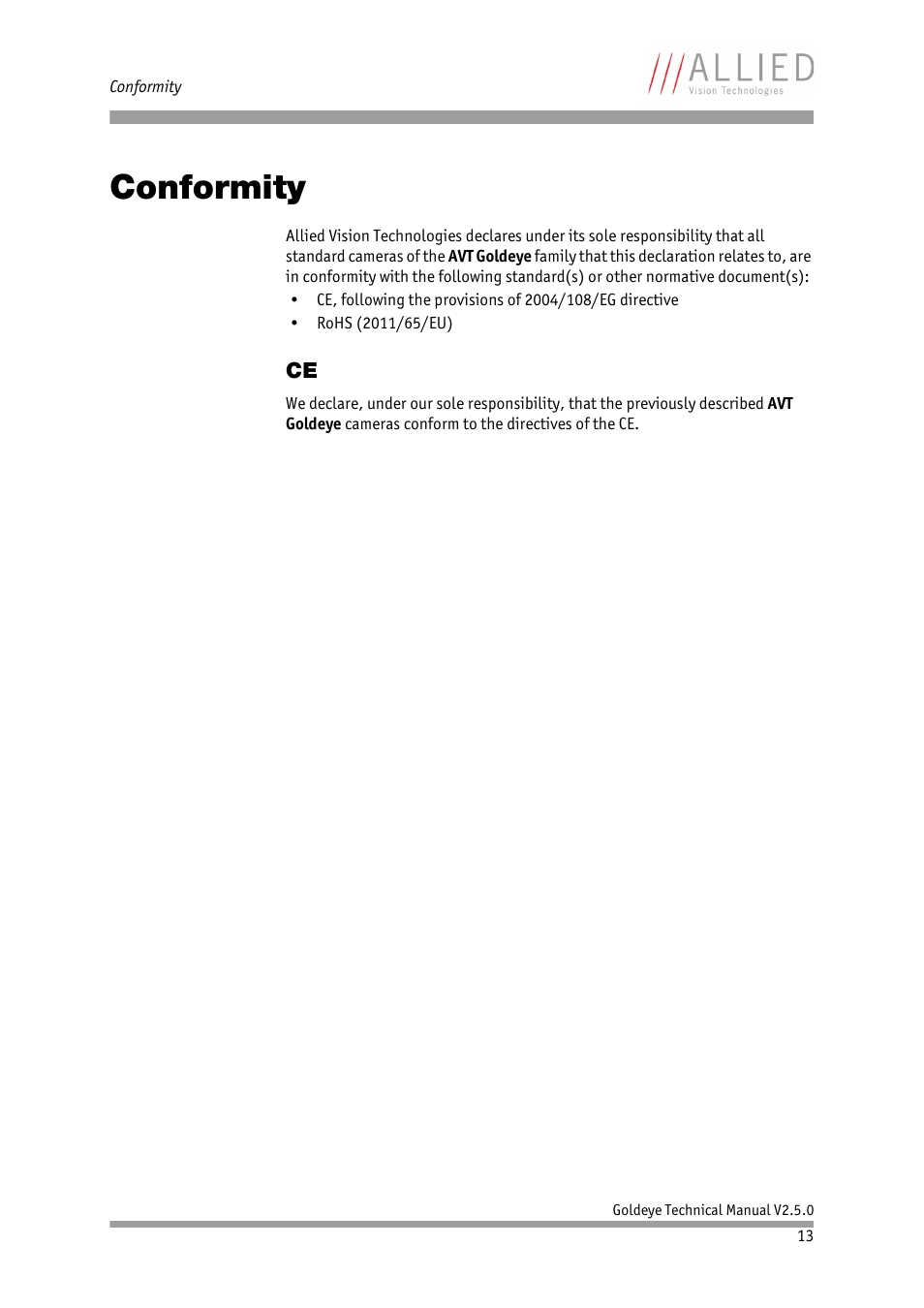 Conformity, Chapter | ALLIED Vision Technologies Goldeye P-032 SWIR User Manual | Page 13 / 102