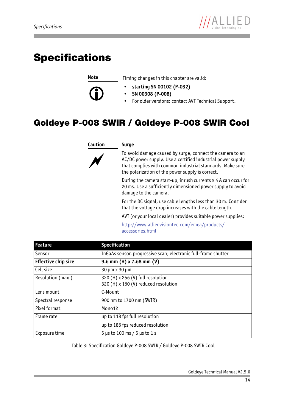 Specifications, Goldeye p-008 swir / goldeye p-008 swir cool, Chapter | Es in chapter | ALLIED Vision Technologies Goldeye P-032 SWIR User Manual | Page 14 / 102