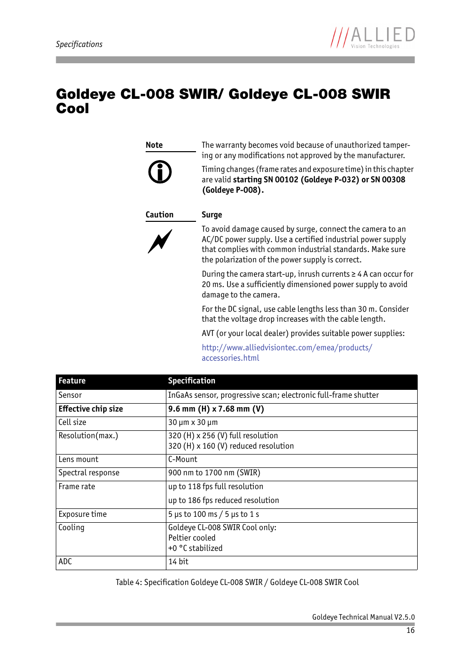 Goldeye cl-008 swir/ goldeye cl-008 swir cool, D mass in chapter, Mono12: see chapter | Goldeye cl-008, Swir/ goldeye cl-008 swir cool | ALLIED Vision Technologies Goldeye P-032 SWIR User Manual | Page 16 / 102