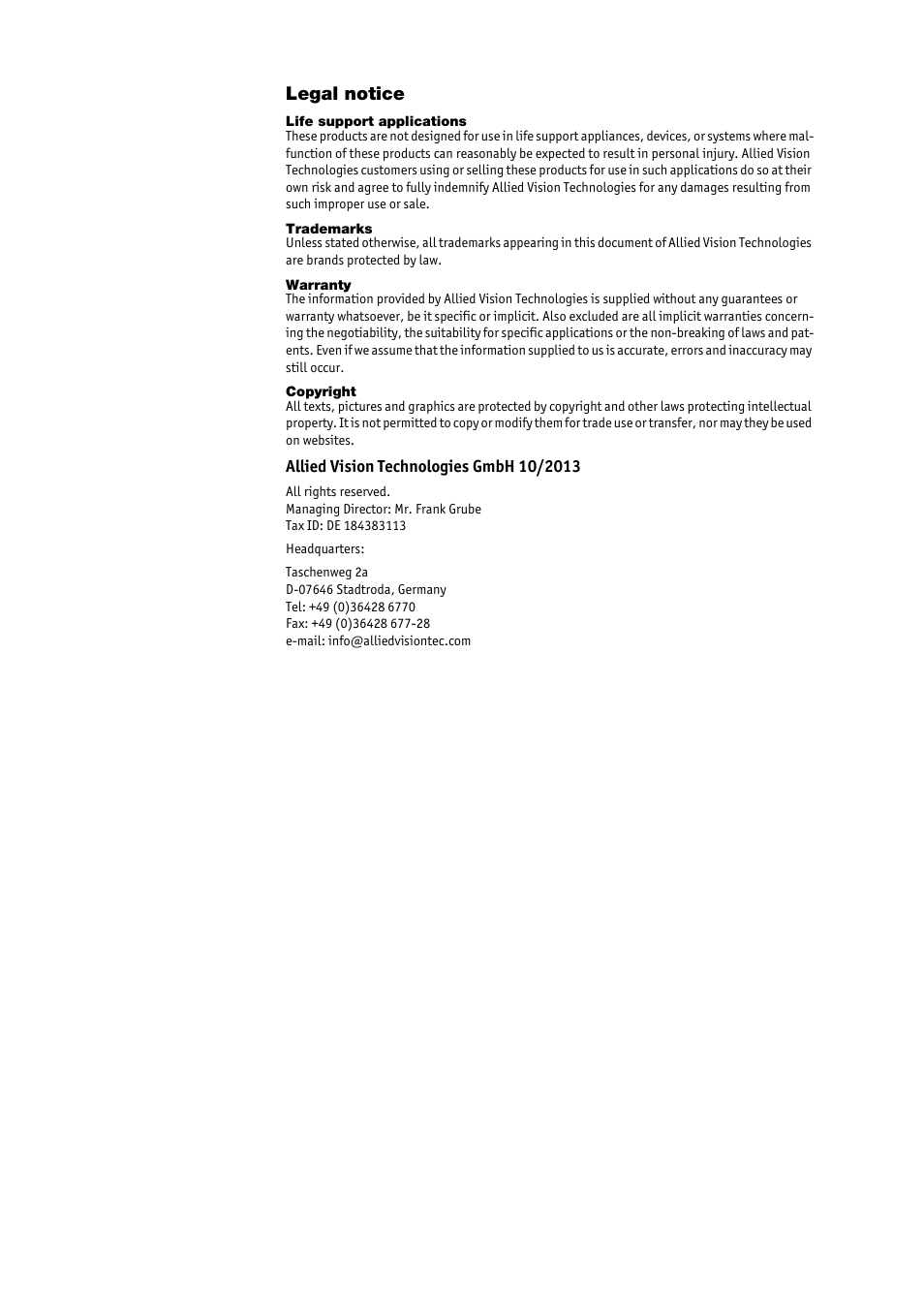 Legal notice | ALLIED Vision Technologies Goldeye P-032 SWIR User Manual | Page 2 / 102