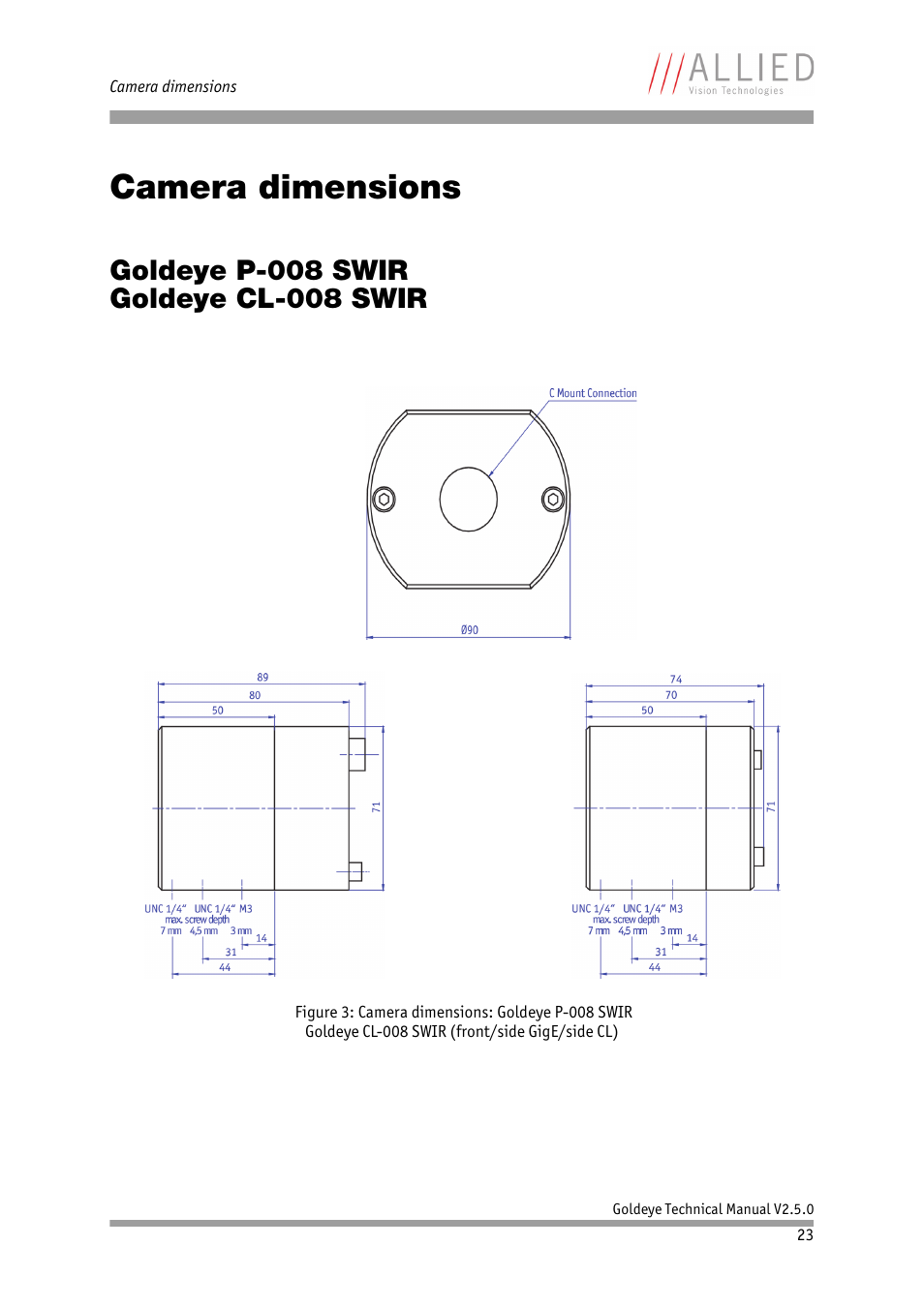 Camera dimensions, Goldeye p-008 swir goldeye cl-008 swir, Chapter | ALLIED Vision Technologies Goldeye P-032 SWIR User Manual | Page 23 / 102