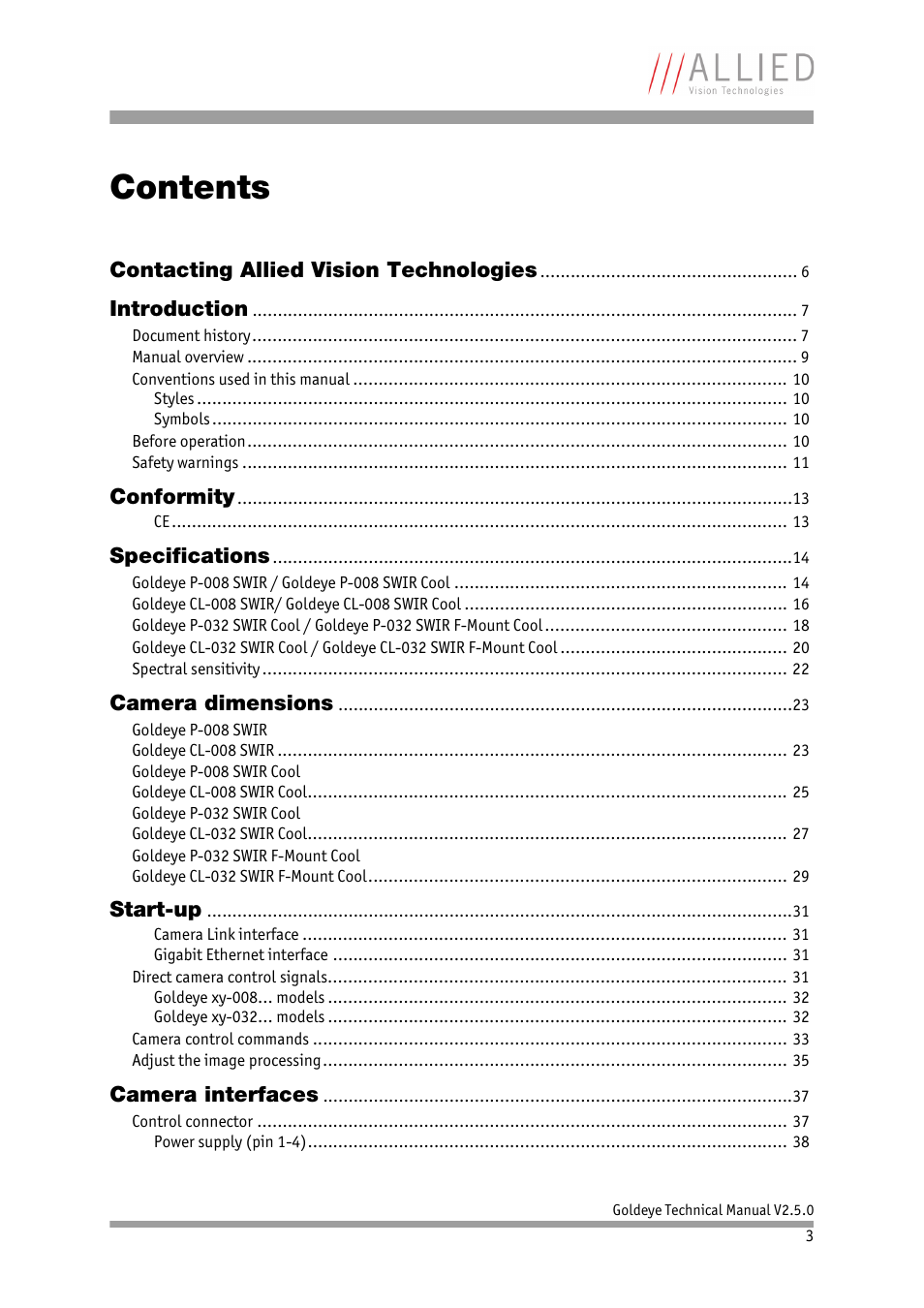 ALLIED Vision Technologies Goldeye P-032 SWIR User Manual | Page 3 / 102