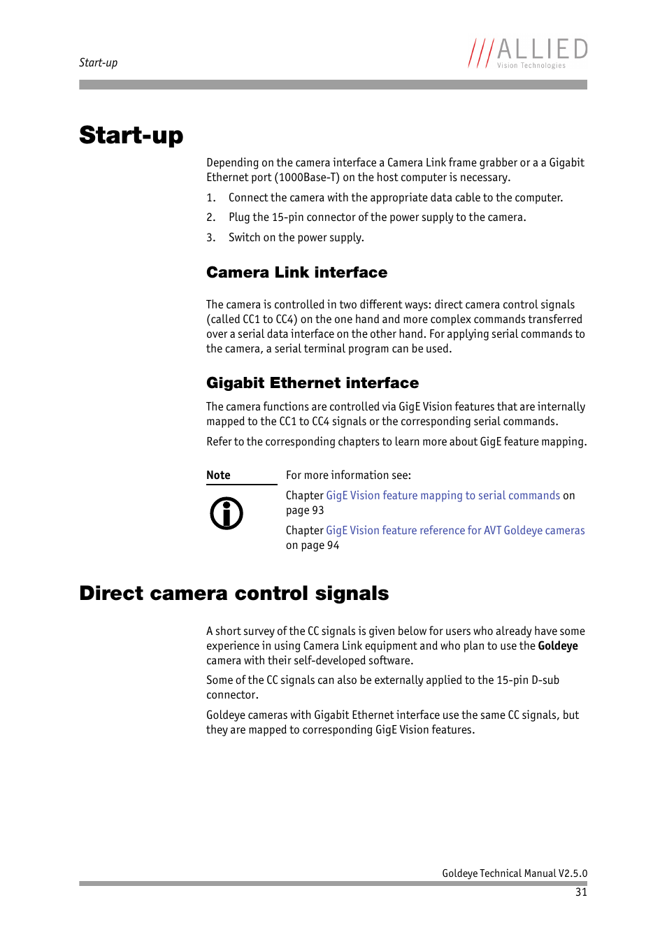 Start-up, Camera link interface, Gigabit ethernet interface | Direct camera control signals, Camera link interface gigabit ethernet interface, Chapter | ALLIED Vision Technologies Goldeye P-032 SWIR User Manual | Page 31 / 102