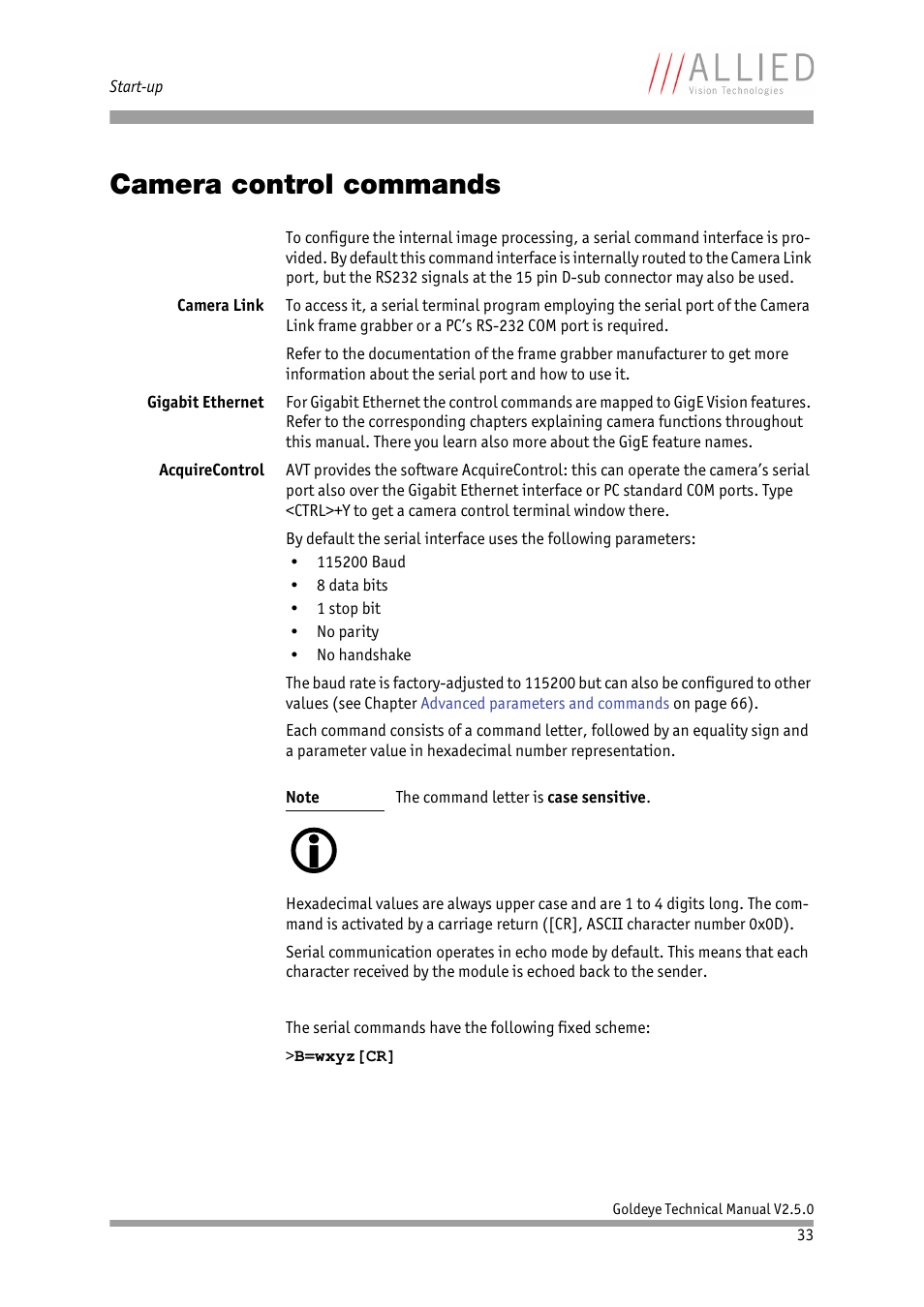 Camera control commands | ALLIED Vision Technologies Goldeye P-032 SWIR User Manual | Page 33 / 102