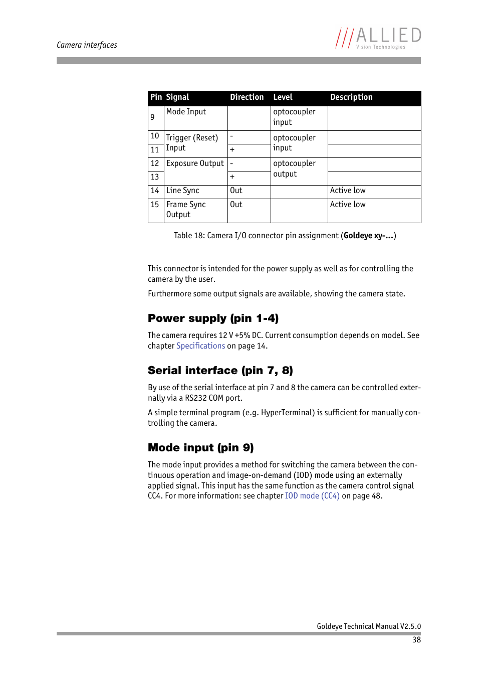 Power supply (pin 1-4), Serial interface (pin 7, 8), Mode input (pin 9) | Serial interface (pin 7, 8) mode input (pin 9) | ALLIED Vision Technologies Goldeye P-032 SWIR User Manual | Page 38 / 102