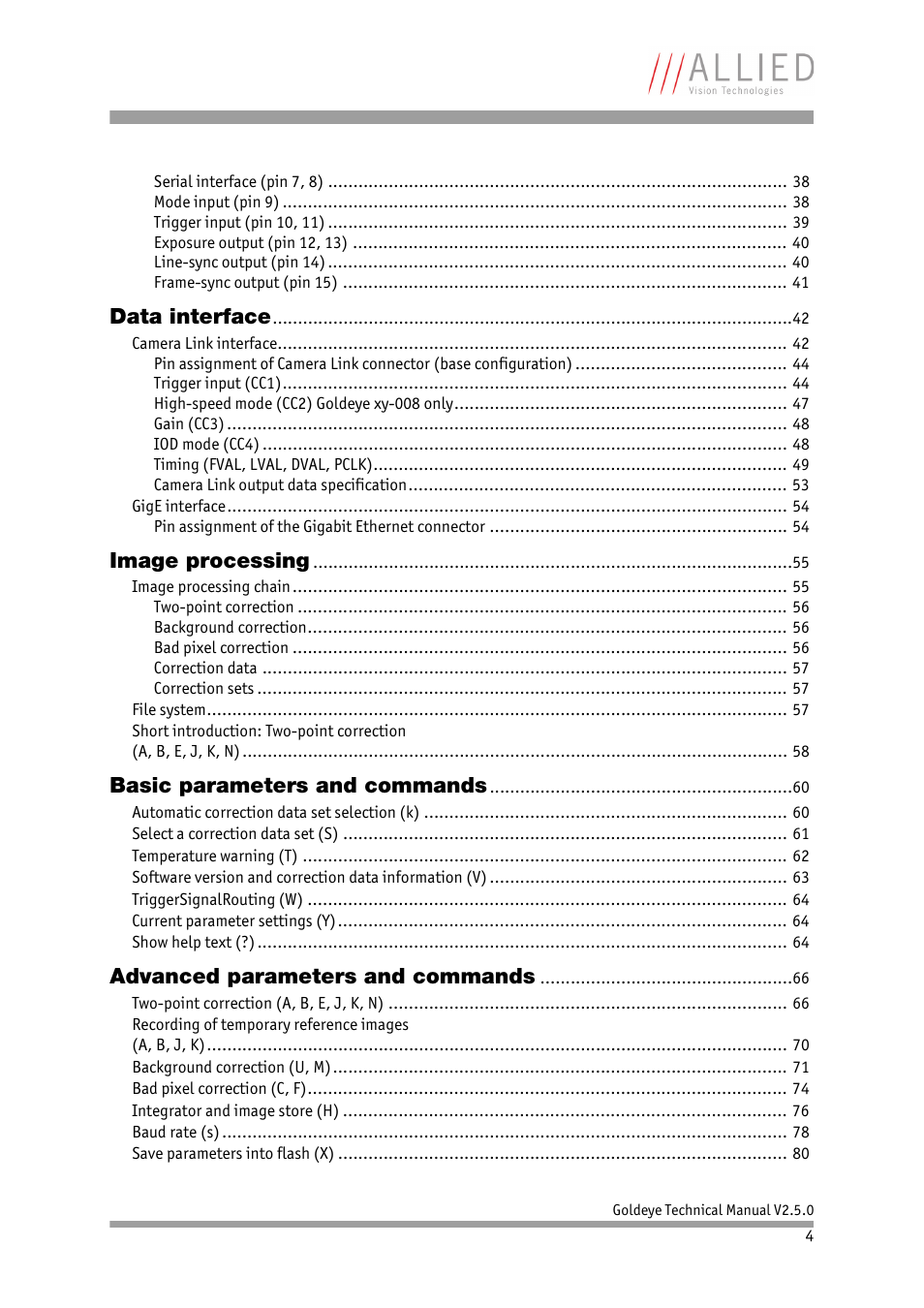 Data interface, Image processing, Basic parameters and commands | Advanced parameters and commands | ALLIED Vision Technologies Goldeye P-032 SWIR User Manual | Page 4 / 102