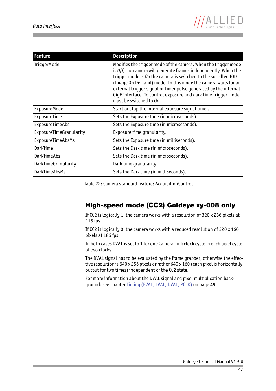 High-speed mode (cc2) goldeye xy-008 only, Ee chapter, High-speed mode (cc2) | Goldeye xy-008 only | ALLIED Vision Technologies Goldeye P-032 SWIR User Manual | Page 47 / 102