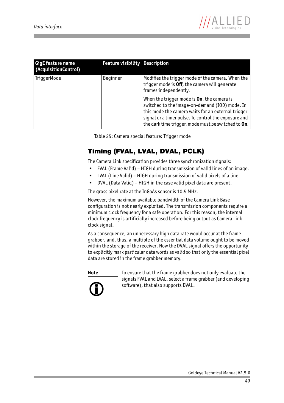 Timing (fval, lval, dval, pclk), Table 25: camera special feature: trigger mode, Table 25 | Camera special feature: trigger mode, Chapter, Timing (fval, lval, Dval, pclk) | ALLIED Vision Technologies Goldeye P-032 SWIR User Manual | Page 49 / 102