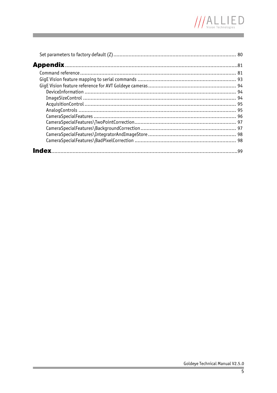 Appendix, Index | ALLIED Vision Technologies Goldeye P-032 SWIR User Manual | Page 5 / 102