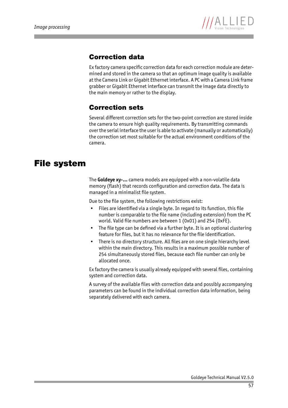 Correction data, Correction sets, File system | Correction data correction sets | ALLIED Vision Technologies Goldeye P-032 SWIR User Manual | Page 57 / 102