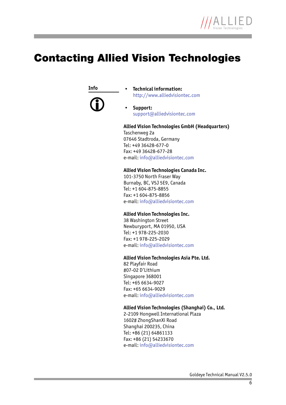 Contacting allied vision technologies | ALLIED Vision Technologies Goldeye P-032 SWIR User Manual | Page 6 / 102