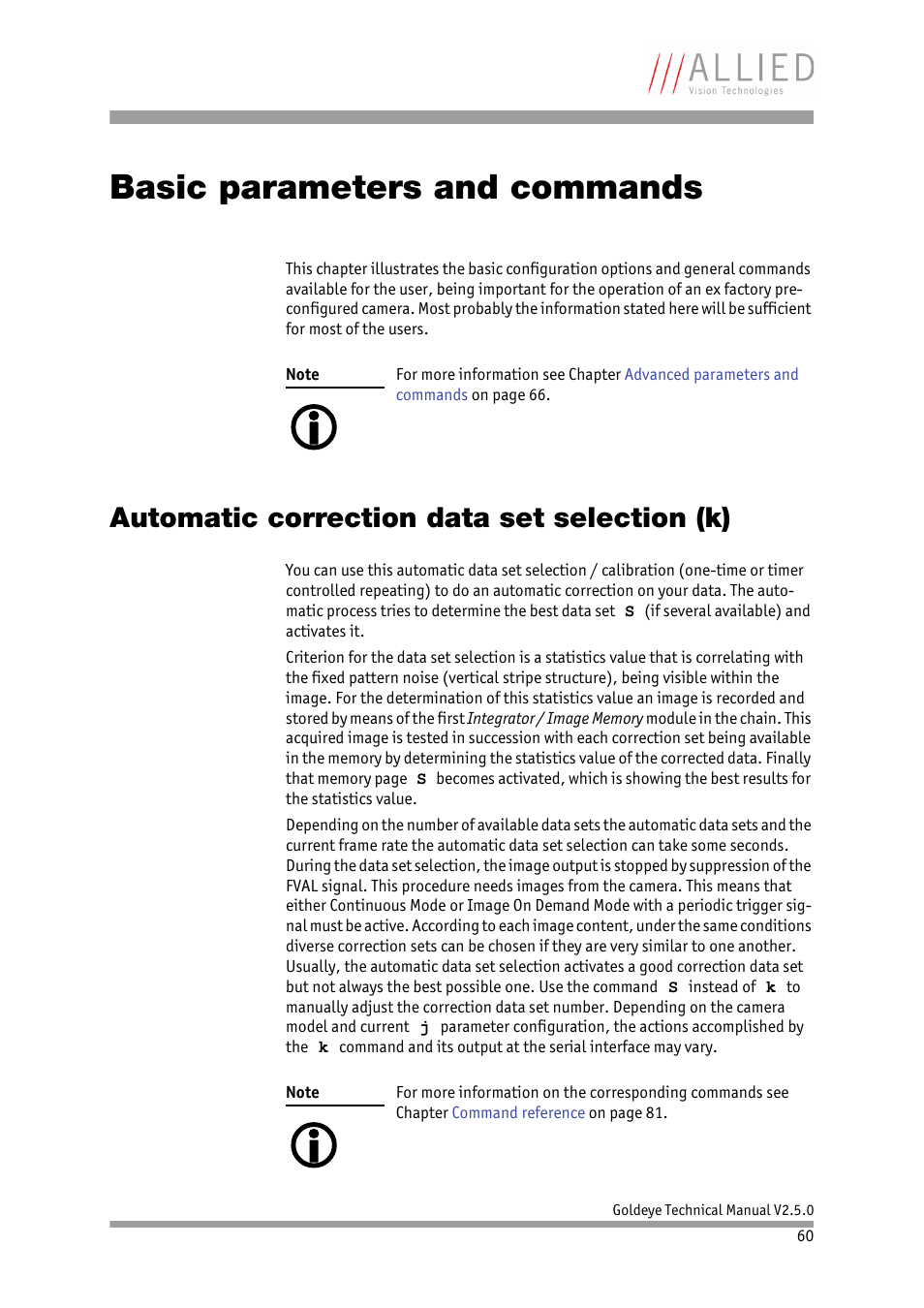 Basic parameters and commands, Automatic correction data set selection (k), Chapter | More information see chapter, Basic parameters and com, Mands | ALLIED Vision Technologies Goldeye P-032 SWIR User Manual | Page 60 / 102