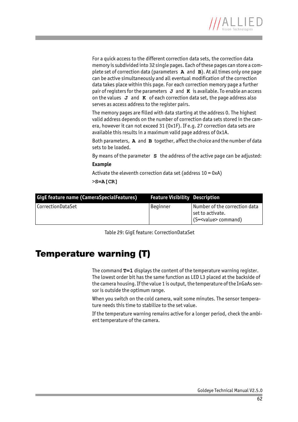 Temperature warning (t) | ALLIED Vision Technologies Goldeye P-032 SWIR User Manual | Page 62 / 102